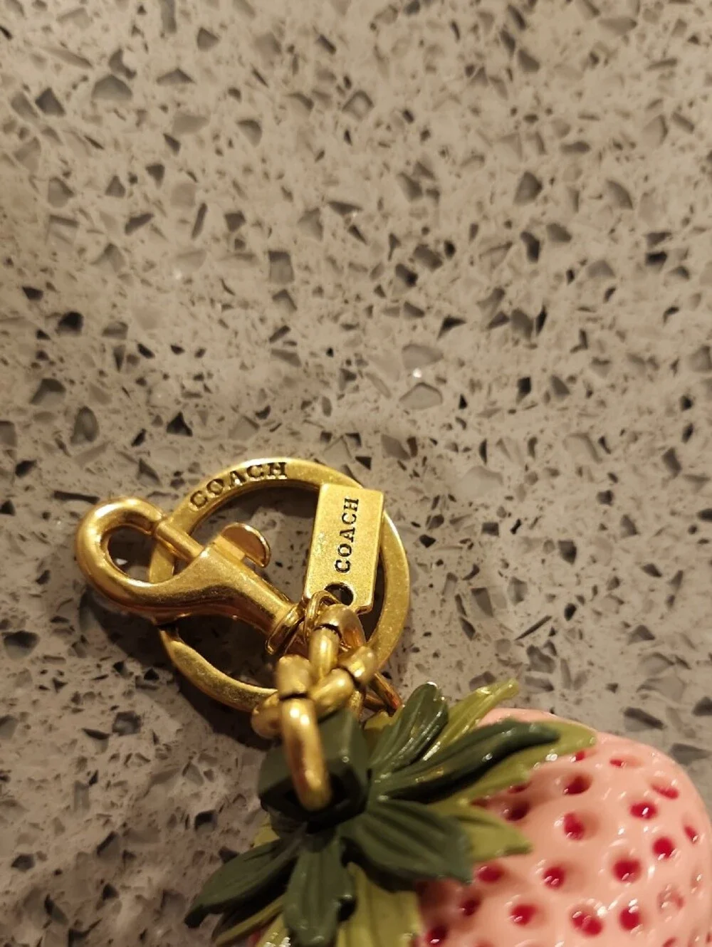 Coach Style Pink Strawberry Brooch with Gold Hardware and Green Leaf